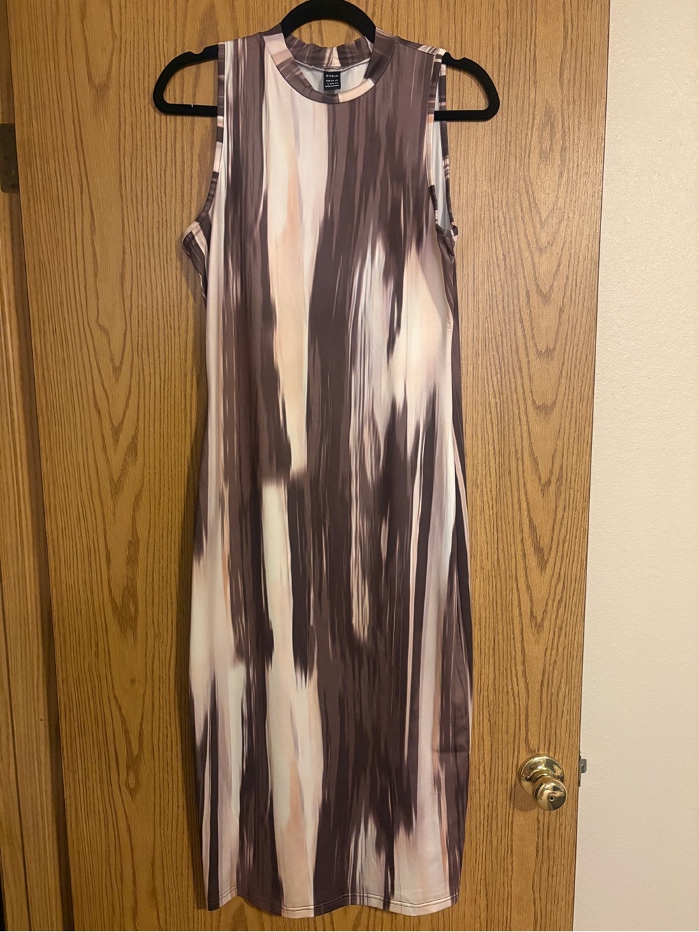 SHEIN Brown and Cream Abstract Stripe Sleeveless Midi Dress